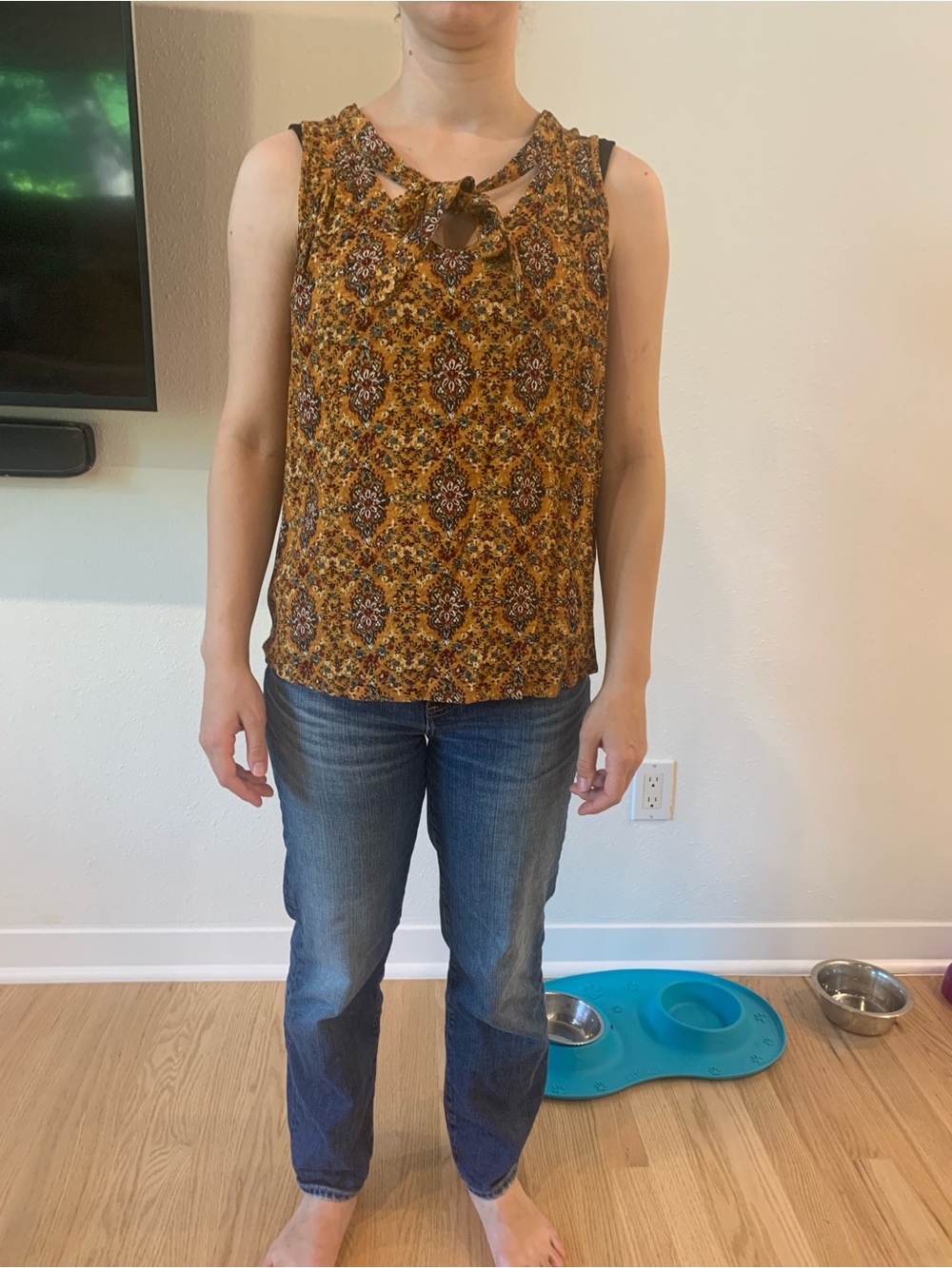 Mustard Printed Tie-Neck Sleeveless Top